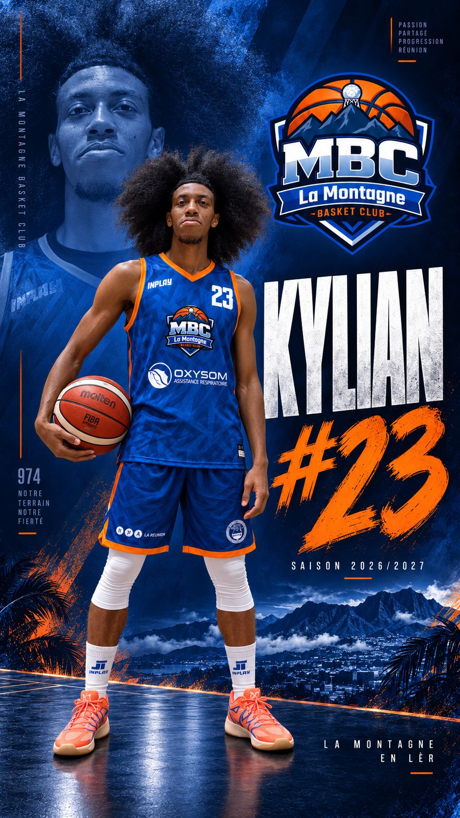 Affiche du joueur Kylian, arrière de l'équipe seniors du MBC La Montagne, saison 2026/2027.