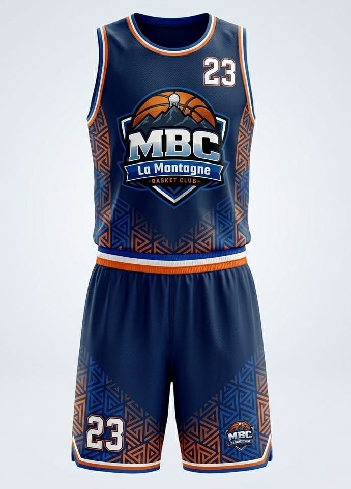 Maillot domicile du MBC La Montagne Basket Club, bleu nuit et orange, saison 2026-2027